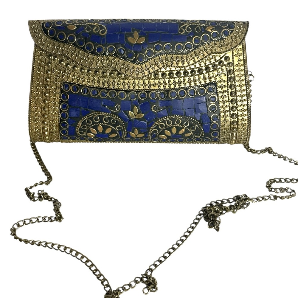Handcrafted Brass & Blue Mosaic‎ Clutch Crossbody